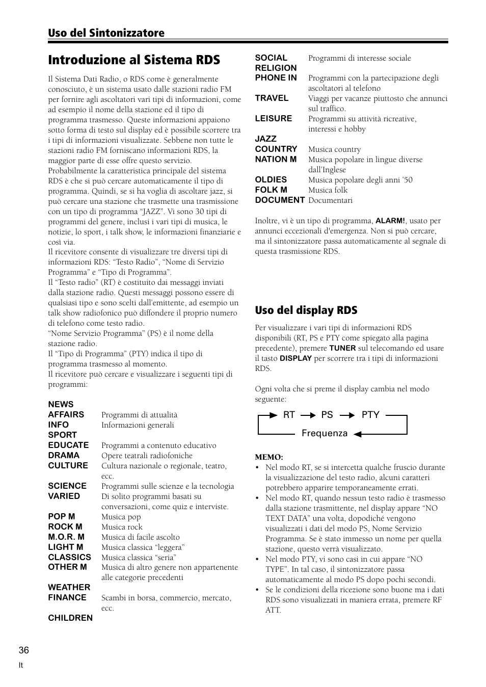 Introduzione al sistema rds 36, Introduzione al sistema rds, Uso del sintonizzatore | Uso del display rds | Pioneer VSX-C300-S User Manual | Page 90 / 112