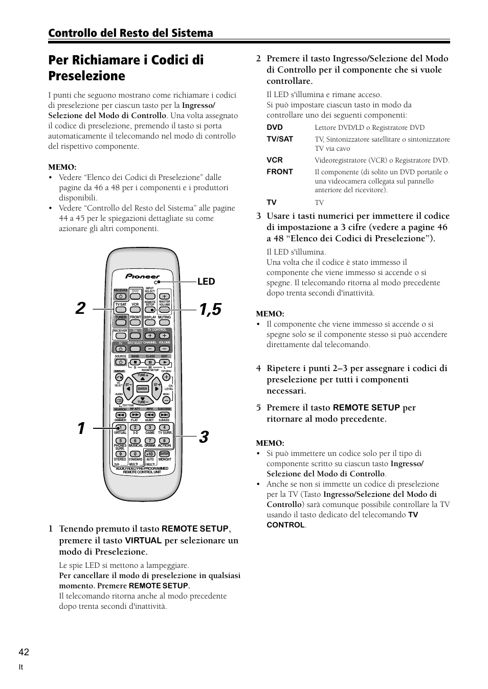 Per richiamare i codici di preselezione 42, Per richiamare i codici di preselezione, Controllo del resto del sistema | Led 1 tenendo premuto il tasto, Premere il tasto, Per selezionare un modo di preselezione, Per ritornare al modo precedente, Remote setup, Virtual | Pioneer VSX-C300-S User Manual | Page 96 / 112