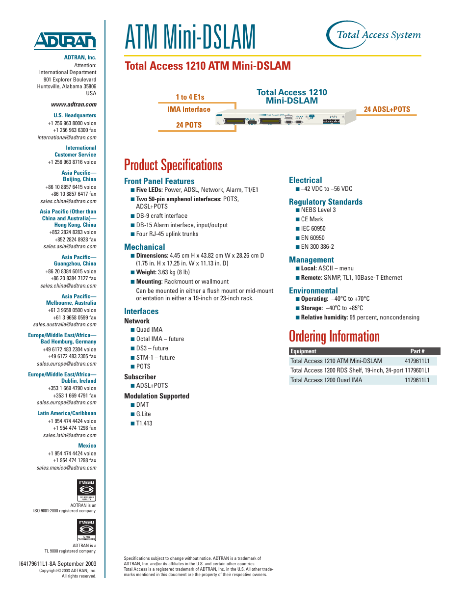 Atm mini-dslam, Product specifications, Ordering information | Total access 1210 atm mini-dslam, Front panel features, Mechanical, Interfaces, Electrical, Regulatory standards, Management | ADTRAN ATM Mini-DSLAM User Manual | Page 2 / 2