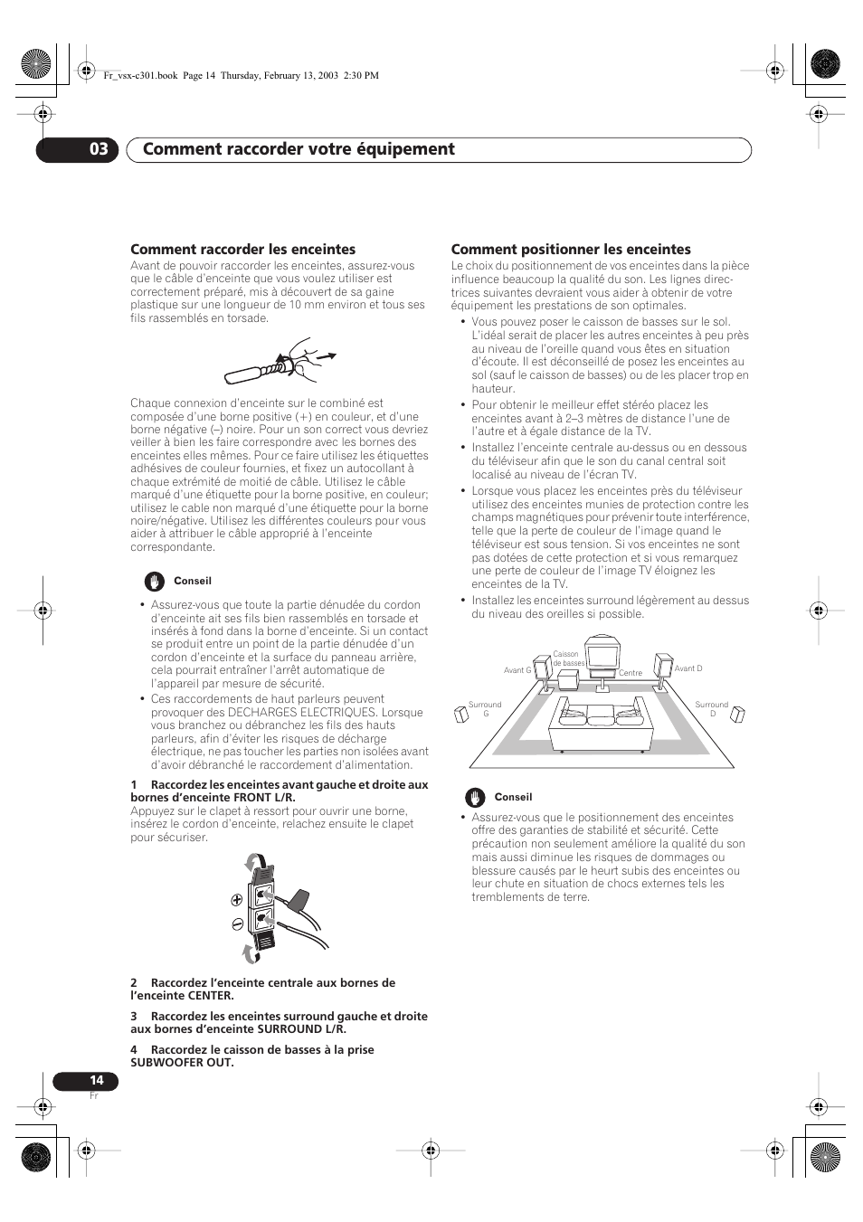 Comment raccorder les enceintes, Comment positionner les enceintes, Comment raccorder votre équipement 03 | Pioneer VSX-C301-K User Manual | Page 14 / 88