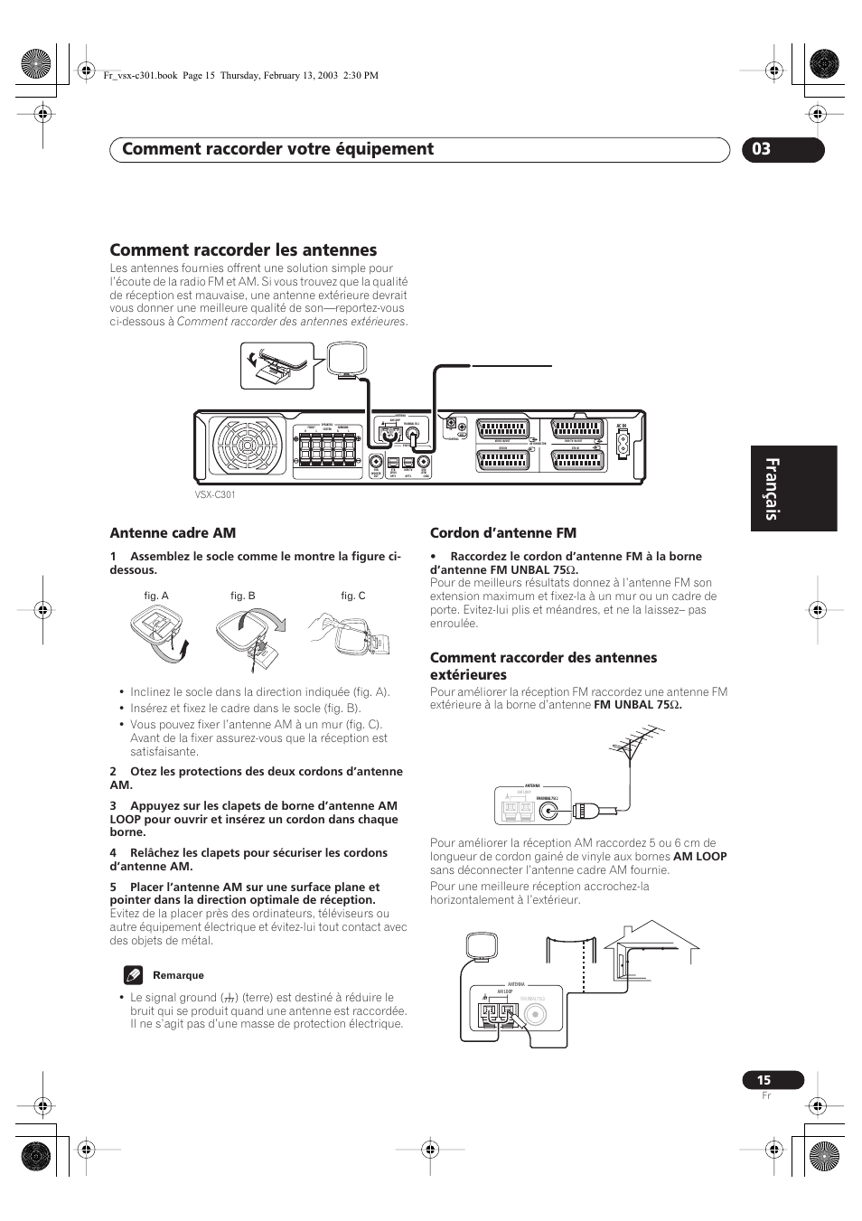 Comment raccorder les antennes, Antenne cadre am, Cordon d’antenne fm | Comment raccorder des antennes extérieures, Français, Comment raccorder votre équipement 03 | Pioneer VSX-C301-K User Manual | Page 15 / 88