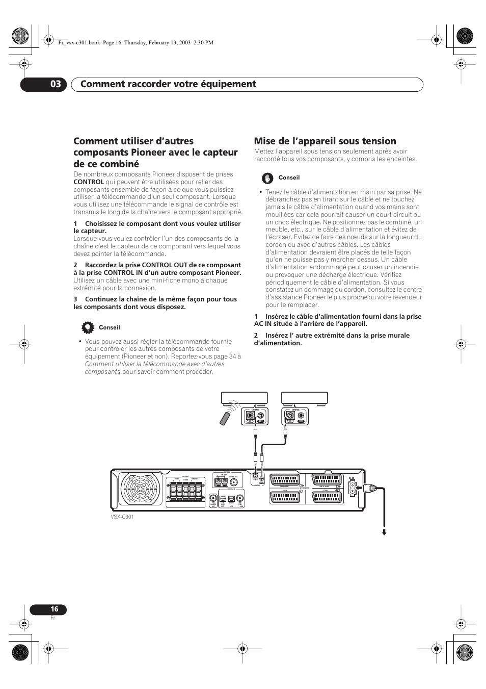 Mise de l’appareil sous tension, Comment raccorder votre équipement 03 | Pioneer VSX-C301-K User Manual | Page 16 / 88