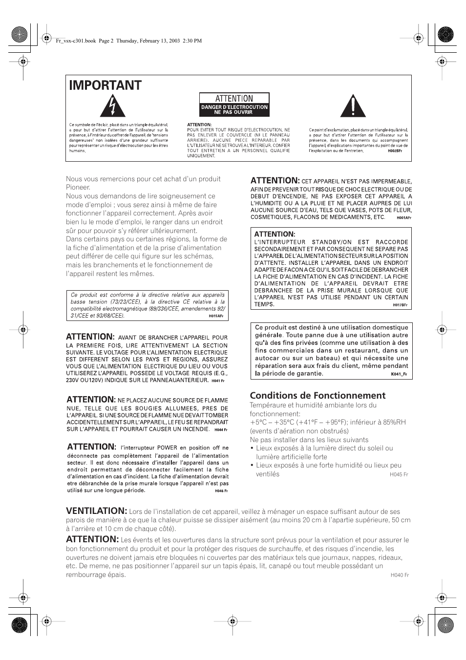 Conditions de fonctionnement, Ventilation, Attention | Pioneer VSX-C301-K User Manual | Page 2 / 88