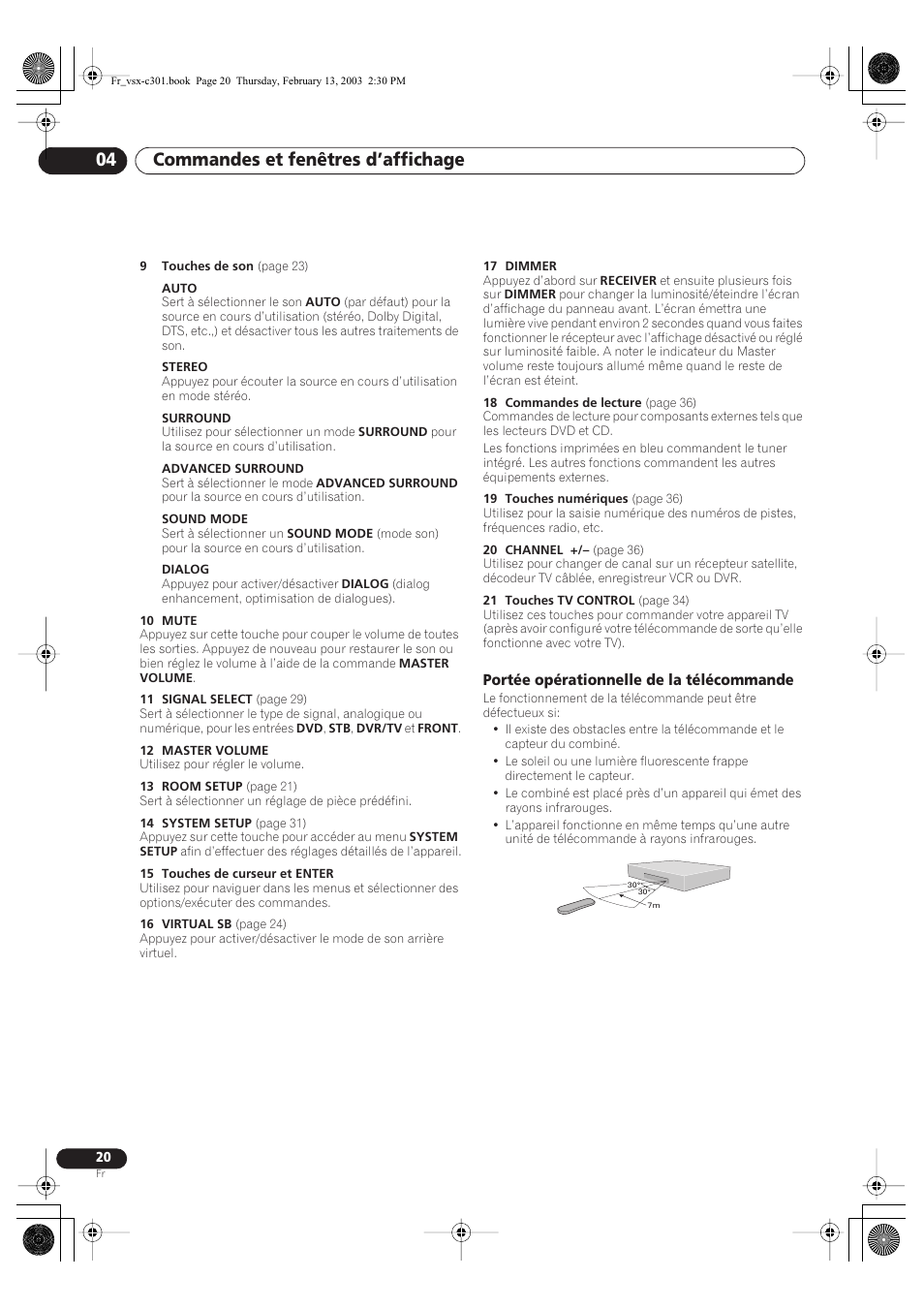 Portée opérationnelle de la télécommande, Commandes et fenêtres d’affichage 04 | Pioneer VSX-C301-K User Manual | Page 20 / 88