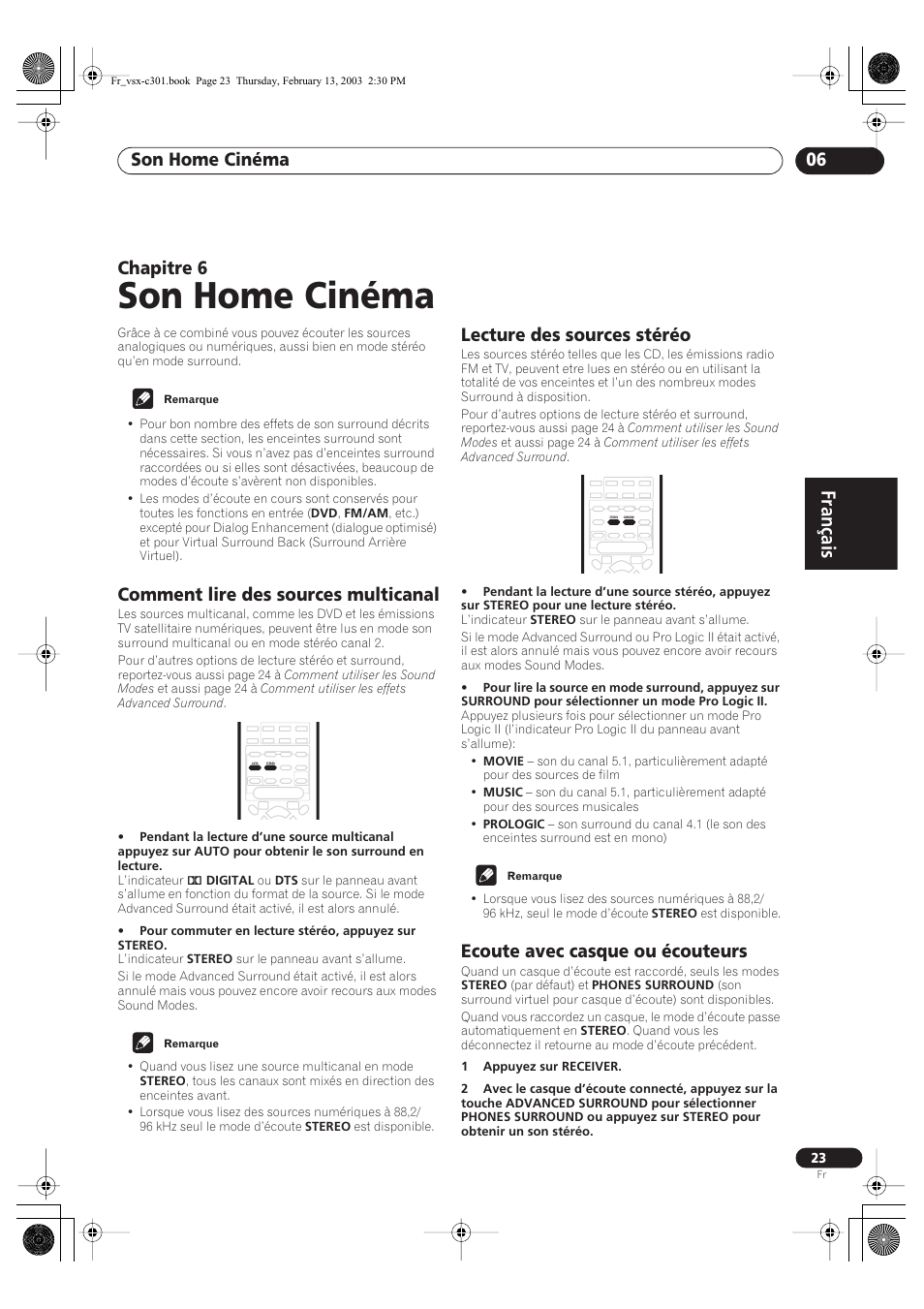 06 son home cinéma, Comment lire des sources multicanal, Lecture des sources stéréo | Ecoute avec casque ou écouteurs, Son home cinéma, Français, Son home cinéma 06, Chapitre 6 | Pioneer VSX-C301-K User Manual | Page 23 / 88