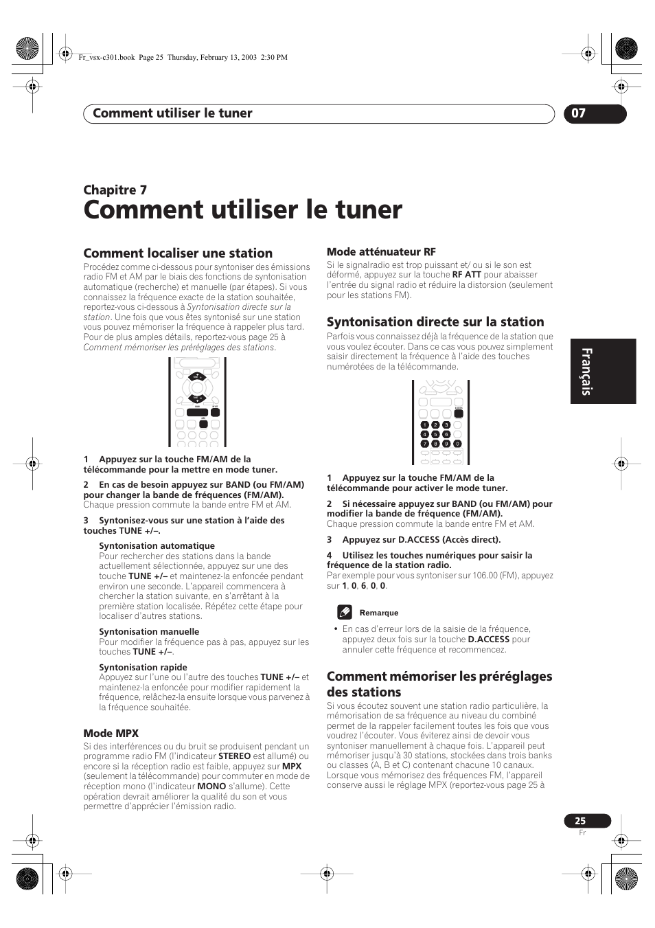07 comment utiliser le tuner, Comment localiser une station, Mode mpx | Mode atténuateur rf, Syntonisation directe sur la station, Comment mémoriser les préréglages des stations, Comment utiliser le tuner, Français, Comment utiliser le tuner 07, Chapitre 7 | Pioneer VSX-C301-K User Manual | Page 25 / 88