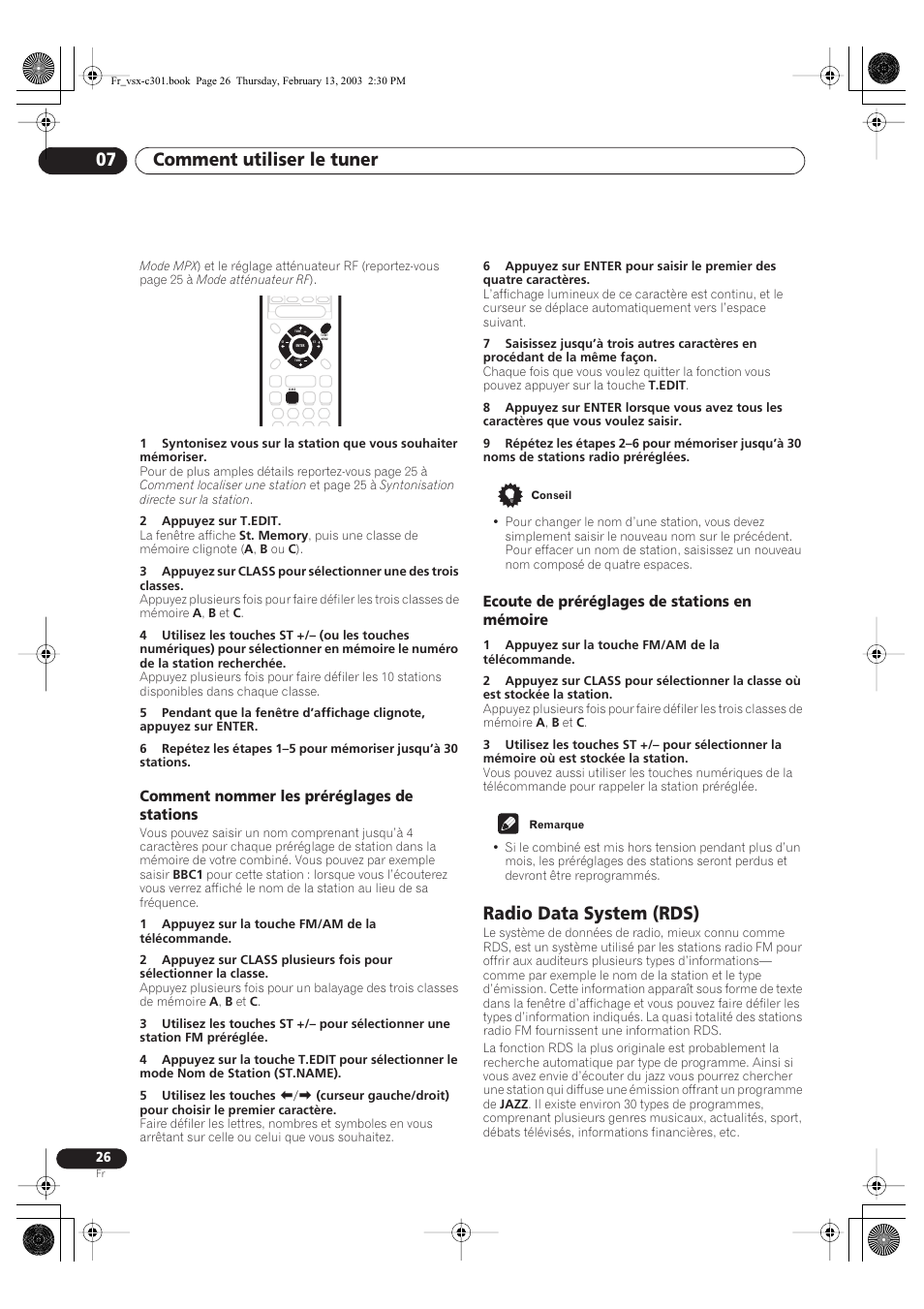 Comment nommer les préréglages de stations, Ecoute de préréglages de stations en mémoire, Radio data system (rds) | Comment utiliser le tuner 07 | Pioneer VSX-C301-K User Manual | Page 26 / 88