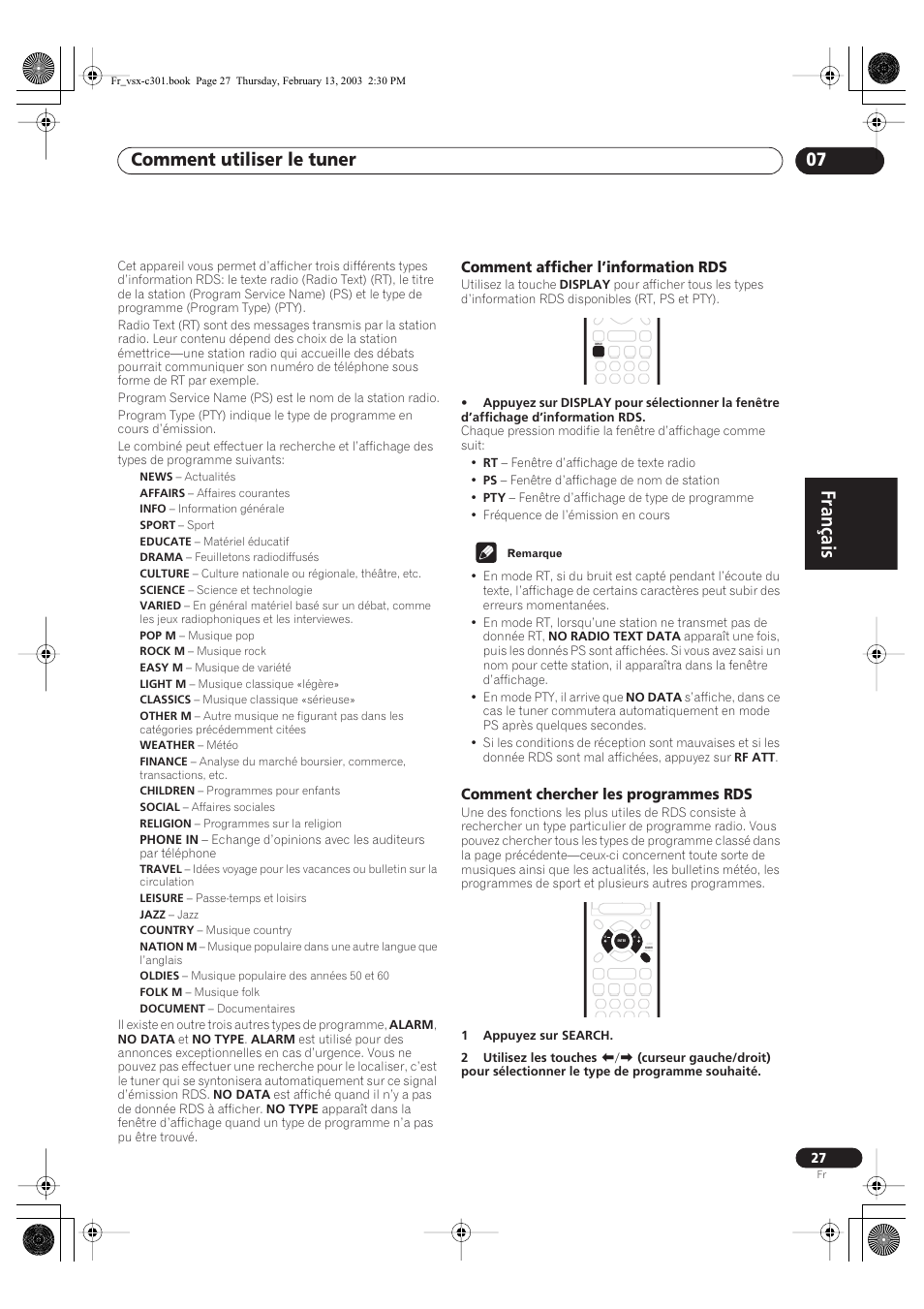 Comment afficher l’information rds, Comment chercher les programmes rds, Français | Comment utiliser le tuner 07 | Pioneer VSX-C301-K User Manual | Page 27 / 88