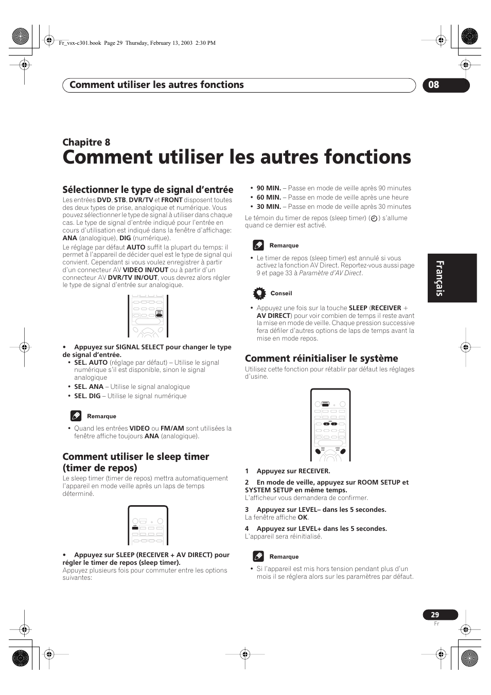 08 comment utiliser les autres fonctions, Sélectionner le type de signal d’entrée, Comment utiliser le sleep timer (timer de repos) | Comment réinitialiser le système, Comment utiliser les autres fonctions, Français, Comment utiliser les autres fonctions 08, Chapitre 8 | Pioneer VSX-C301-K User Manual | Page 29 / 88