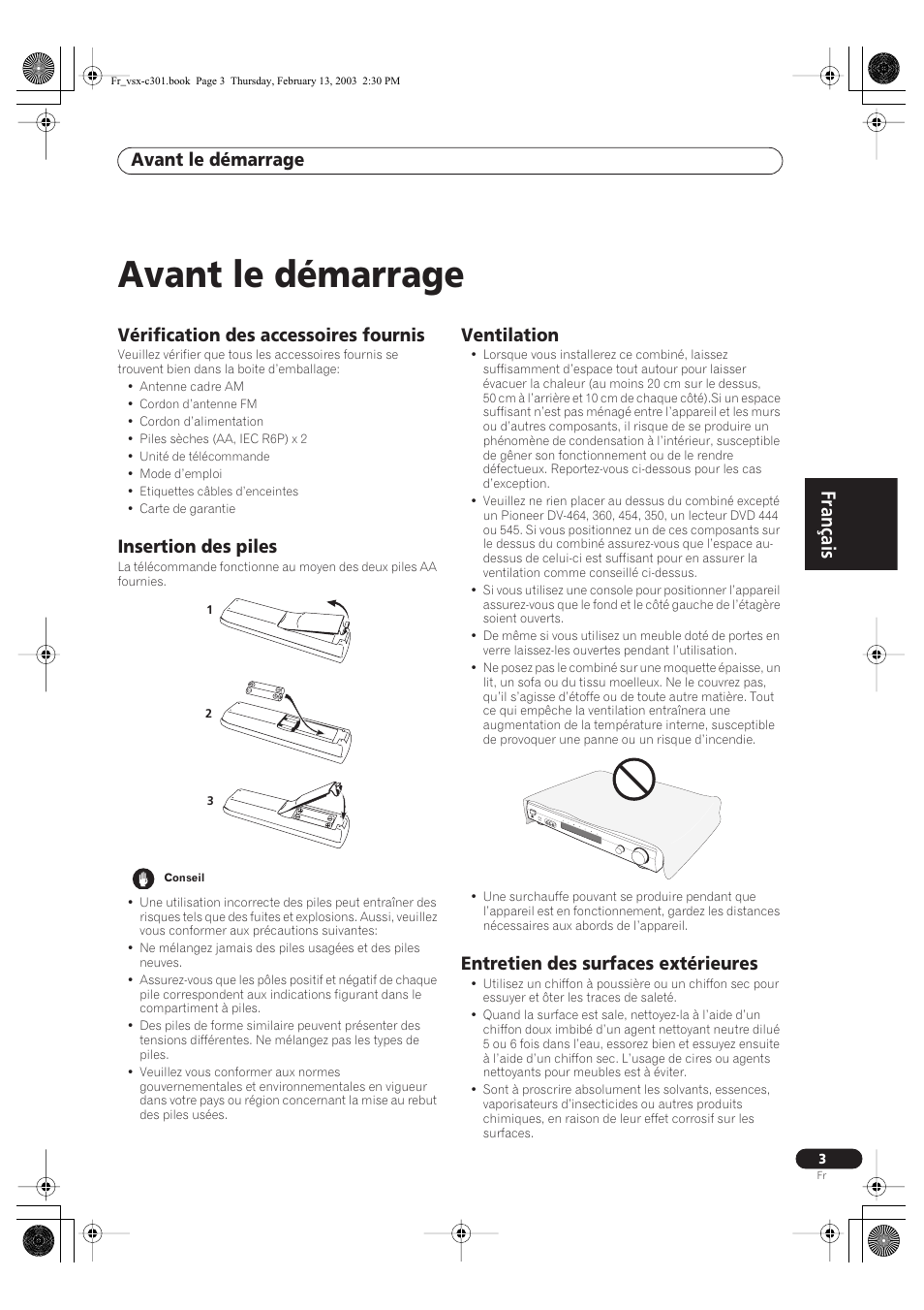 Français, Avant le démarrage, Vérification des accessoires fournis | Insertion des piles, Ventilation, Entretien des surfaces extérieures | Pioneer VSX-C301-K User Manual | Page 3 / 88