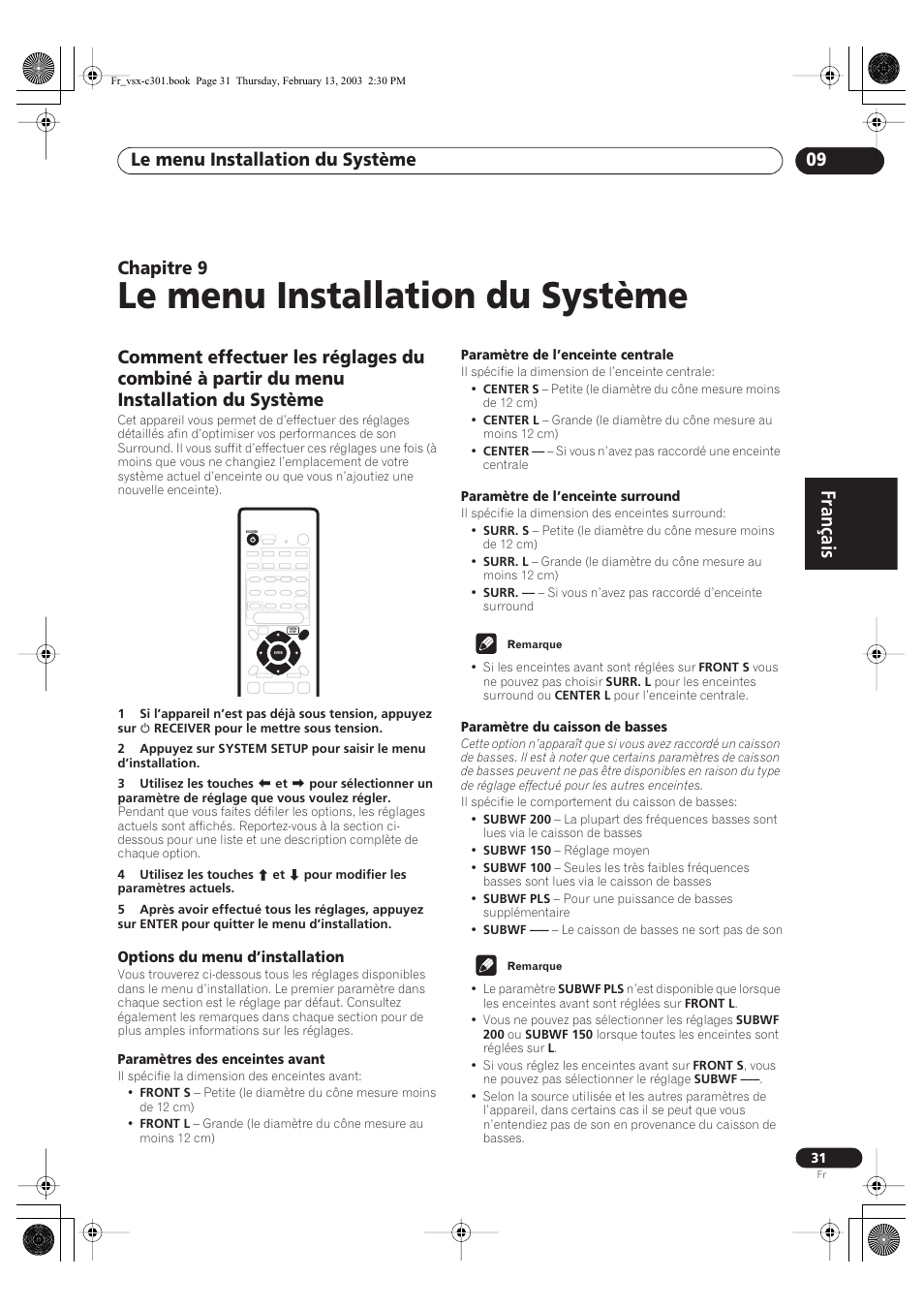 09 le menu installation du système, Options du menu d’installation, Le menu installation du système | Français, Le menu installation du système 09, Chapitre 9, Paramètres des enceintes avant, Paramètre de l’enceinte centrale, Paramètre de l’enceinte surround, Paramètre du caisson de basses | Pioneer VSX-C301-K User Manual | Page 31 / 88