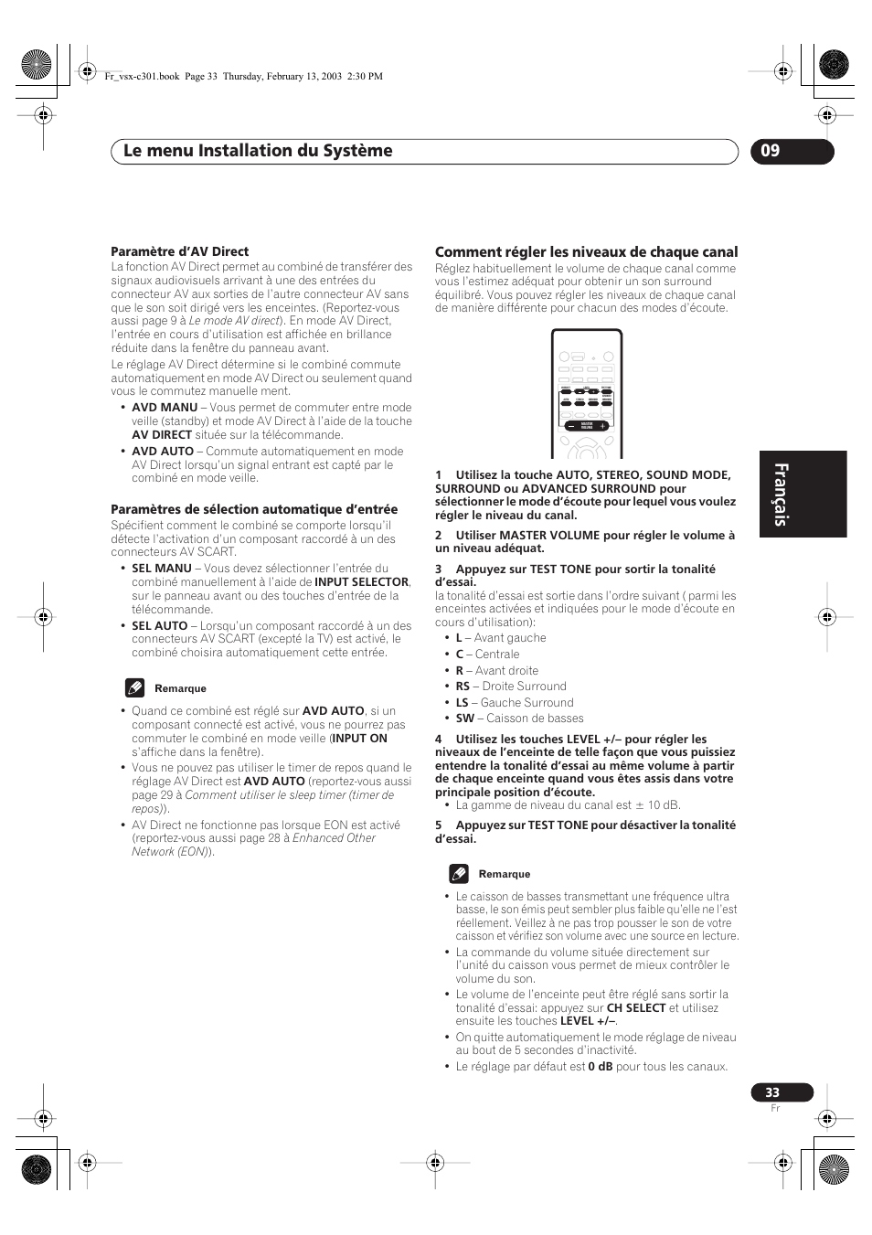Comment régler les niveaux de chaque canal, Français, Le menu installation du système 09 | Paramètre d’av direct, Paramètres de sélection automatique d’entrée | Pioneer VSX-C301-K User Manual | Page 33 / 88