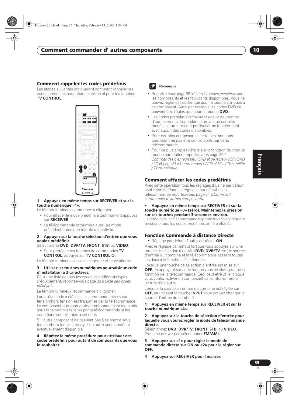 Comment rappeler les codes prédéfinis, Comment effacer les codes prédéfinis, Fonction commande à distance directe | Français, Comment commander d’ autres composants 10 | Pioneer VSX-C301-K User Manual | Page 35 / 88