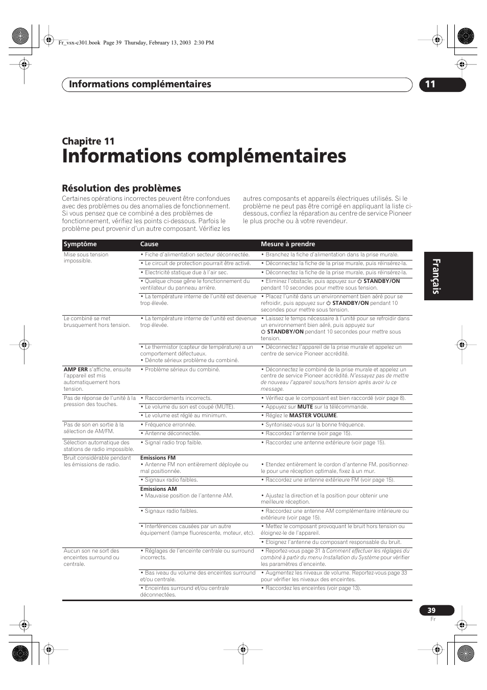 11 informations complémentaires, Résolution des problèmes, Informations complémentaires | Français, Informations complémentaires 11, Chapitre 11 | Pioneer VSX-C301-K User Manual | Page 39 / 88