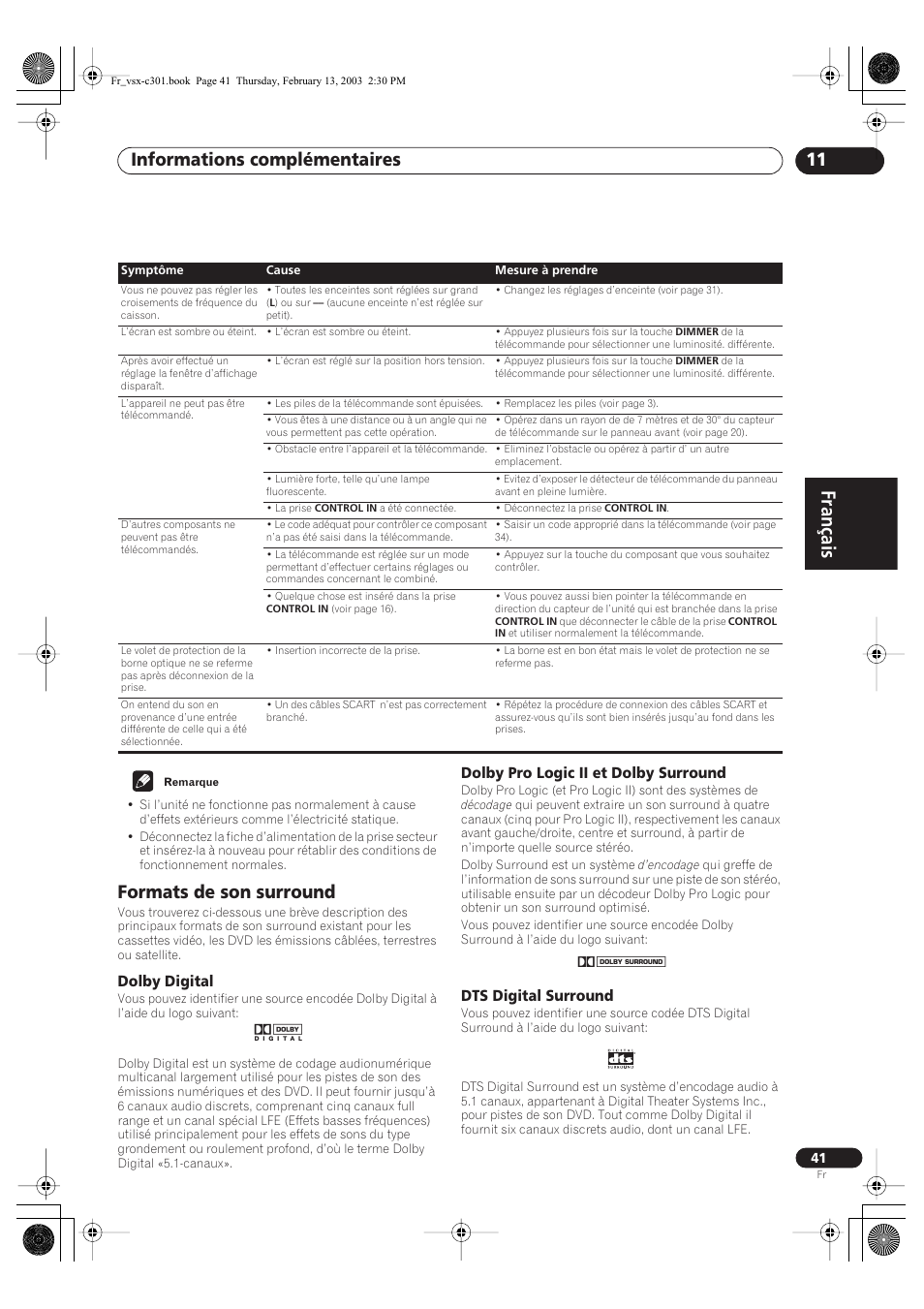Formats de son surround, Dolby digital, Dolby pro logic ii et dolby surround | Dts digital surround, Français, Informations complémentaires 11 | Pioneer VSX-C301-K User Manual | Page 41 / 88