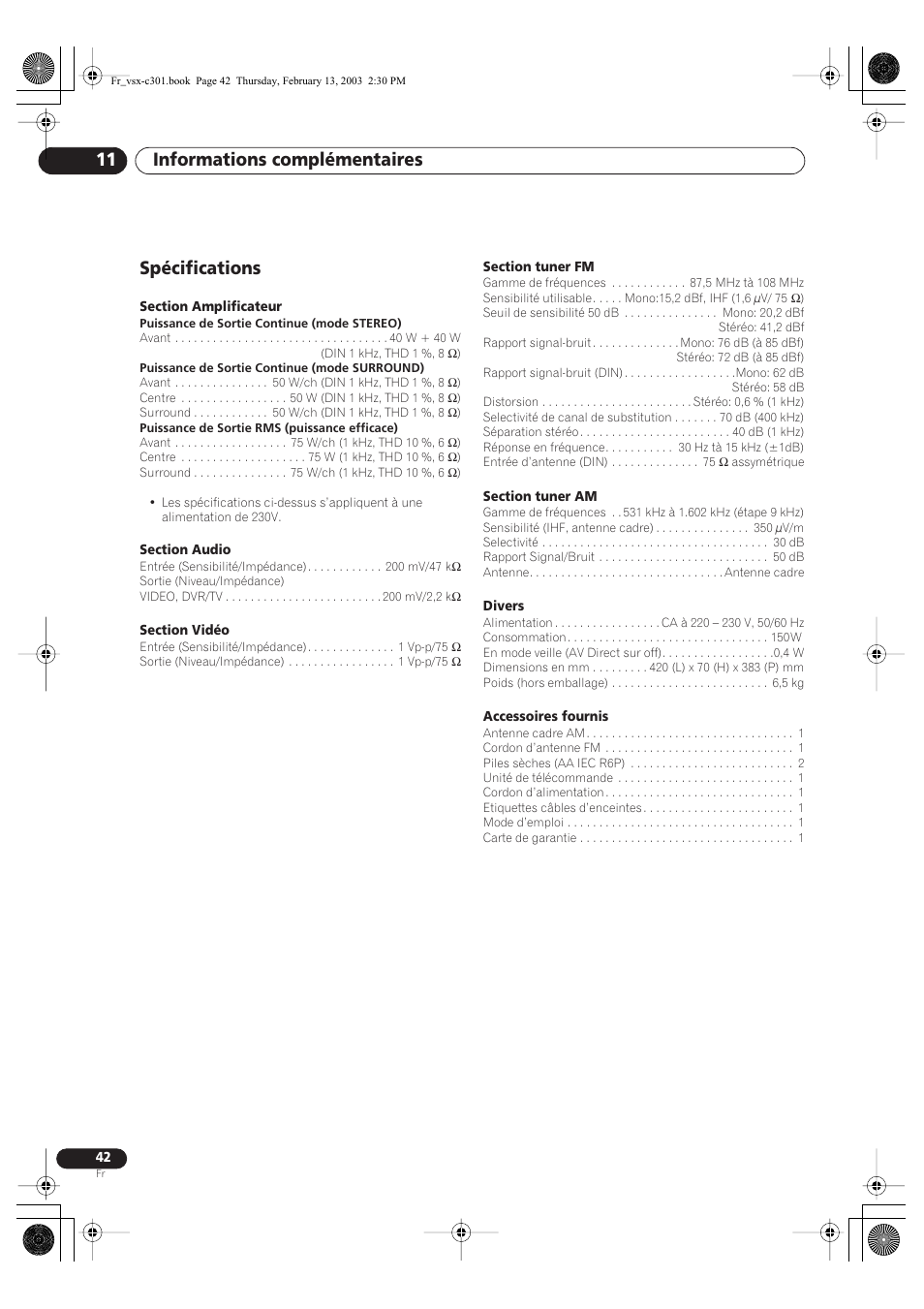 Spécifications, Informations complémentaires 11 | Pioneer VSX-C301-K User Manual | Page 42 / 88