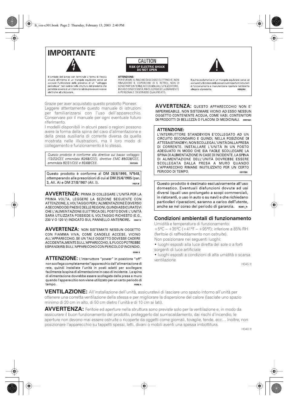 Ventilazione, Avvertenza | Pioneer VSX-C301-K User Manual | Page 44 / 88