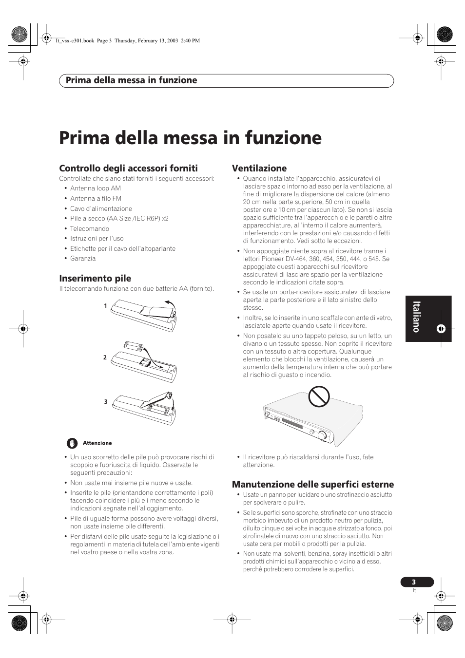 Italiano, Prima della messa in funzione, Controllo degli accessori forniti | Inserimento pile, Ventilazione, Manutenzione delle superfici esterne | Pioneer VSX-C301-K User Manual | Page 45 / 88