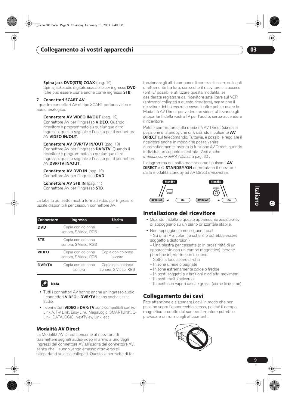 Modalità av direct, Installazione del ricevitore, Collegamento dei cavi | Italiano, Collegamento ai vostri apparecchi 03 | Pioneer VSX-C301-K User Manual | Page 51 / 88
