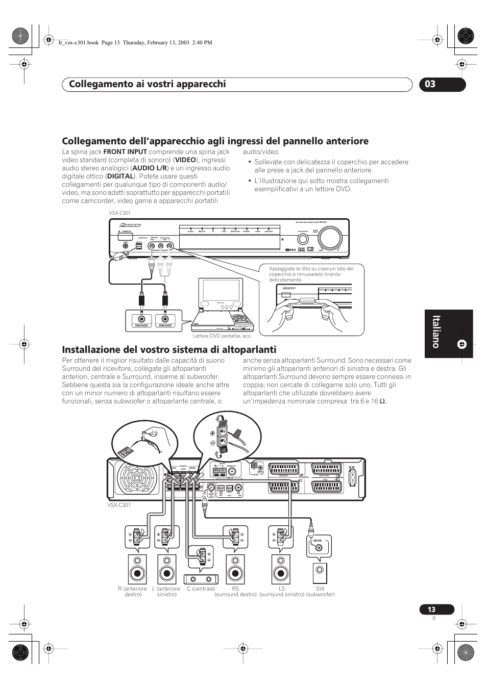 Installazione del vostro sistema di altoparlanti, Italiano, Collegamento ai vostri apparecchi 03 | Pioneer VSX-C301-K User Manual | Page 55 / 88