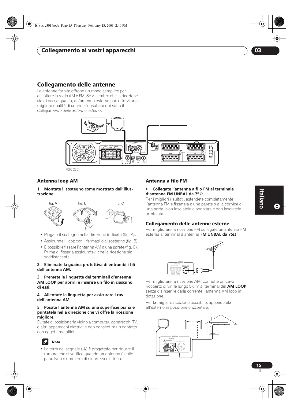 Collegamento delle antenne, Antenna loop am, Antenna a filo fm | Collegamento delle antenne esterne, Italiano, Collegamento ai vostri apparecchi 03 | Pioneer VSX-C301-K User Manual | Page 57 / 88