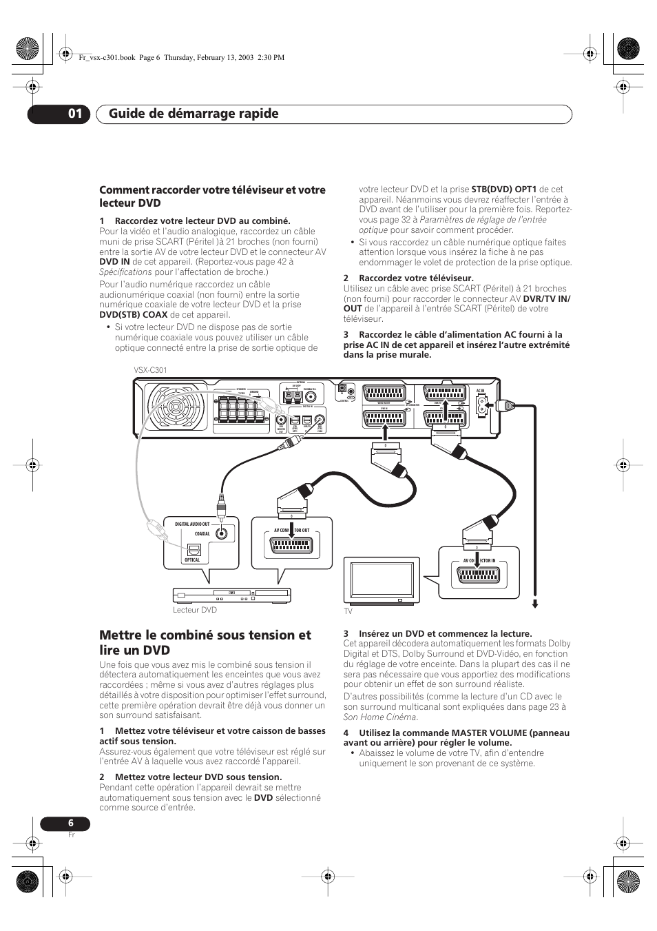 Mettre le combiné sous tension et lire un dvd, Guide de démarrage rapide 01 | Pioneer VSX-C301-K User Manual | Page 6 / 88