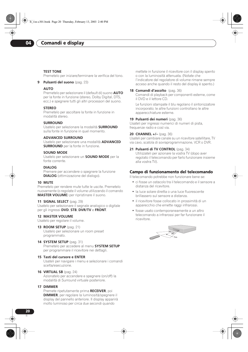 Campo di funzionamento del telecomando, Comandi e display 04 | Pioneer VSX-C301-K User Manual | Page 62 / 88