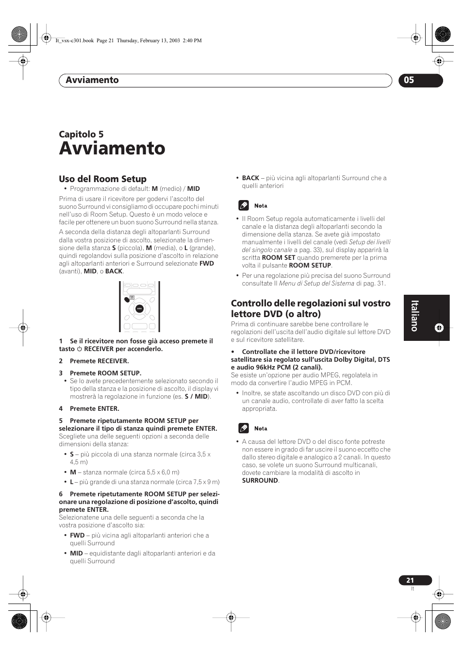 05 avviamento, Uso del room setup, Avviamento | Italiano, Avviamento 05, Capitolo 5 | Pioneer VSX-C301-K User Manual | Page 63 / 88