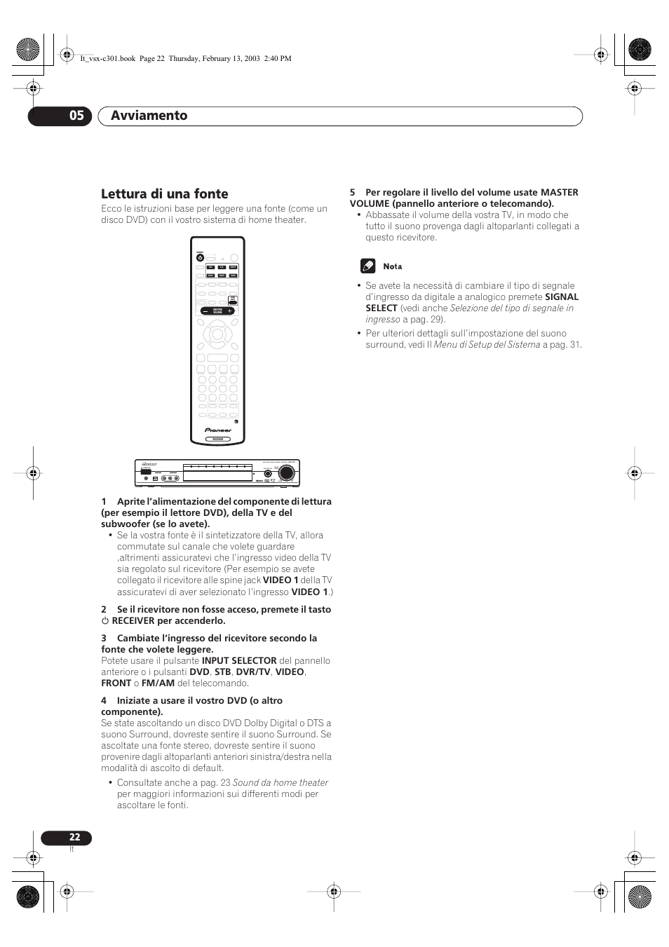 Lettura di una fonte, Avviamento 05, Audio/video multi-channel receiver | Input selector master volume standby/on down up r | Pioneer VSX-C301-K User Manual | Page 64 / 88