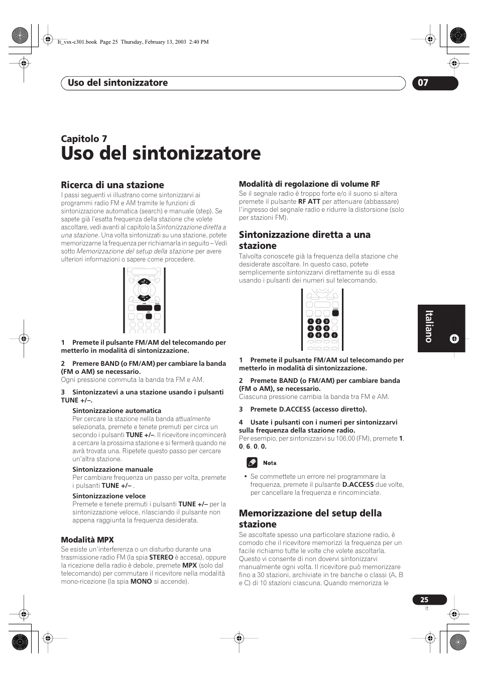 07 uso del sintonizzatore, Ricerca di una stazione, Modalità mpx | Modalità di regolazione di volume rf, Sintonizzazione diretta a una stazione, Memorizzazione del setup della stazione, Uso del sintonizzatore, Italiano, Uso del sintonizzatore 07, Capitolo 7 | Pioneer VSX-C301-K User Manual | Page 67 / 88