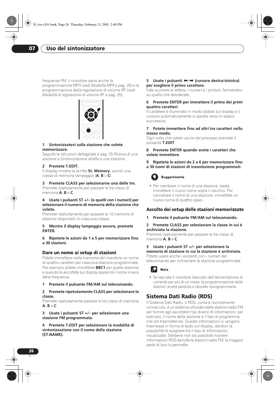 Dare un nome ai setup di stazioni, Ascolto dei setup delle stazioni memorizzate, Sistema dati radio (rds) | Uso del sintonizzatore 07 | Pioneer VSX-C301-K User Manual | Page 68 / 88