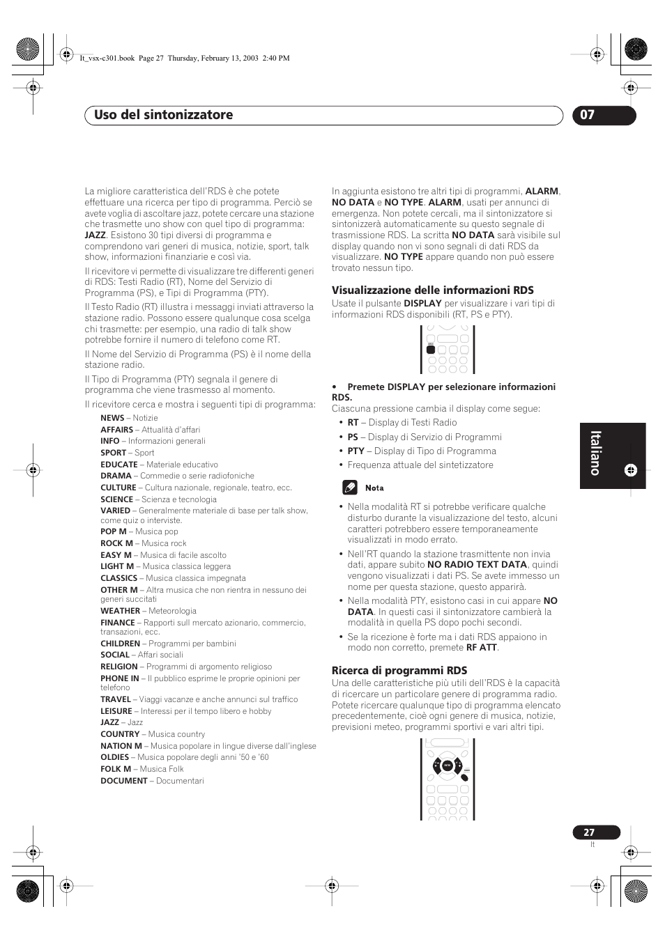 Visualizzazione delle informazioni rds, Ricerca di programmi rds, Italiano | Uso del sintonizzatore 07 | Pioneer VSX-C301-K User Manual | Page 69 / 88