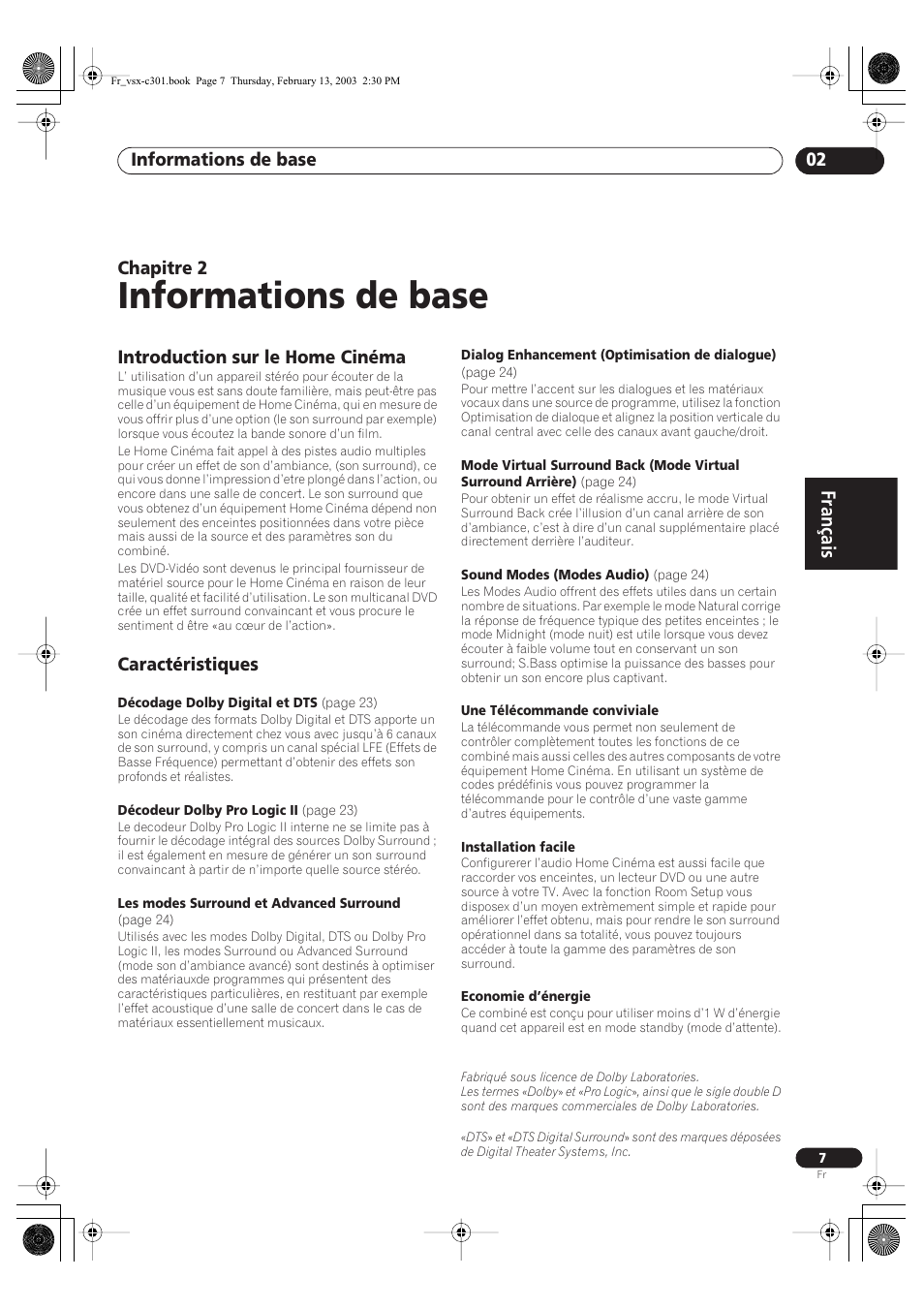 02 informations de base, Introduction sur le home cinéma, Caractéristiques | Informations de base, Français, Informations de base 02, Chapitre 2 | Pioneer VSX-C301-K User Manual | Page 7 / 88