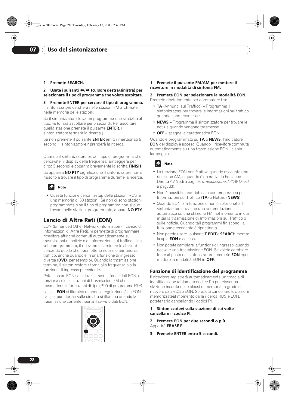 Lancio di altre reti (eon), Funzione di identificazione del programma, Uso del sintonizzatore 07 | Pioneer VSX-C301-K User Manual | Page 70 / 88