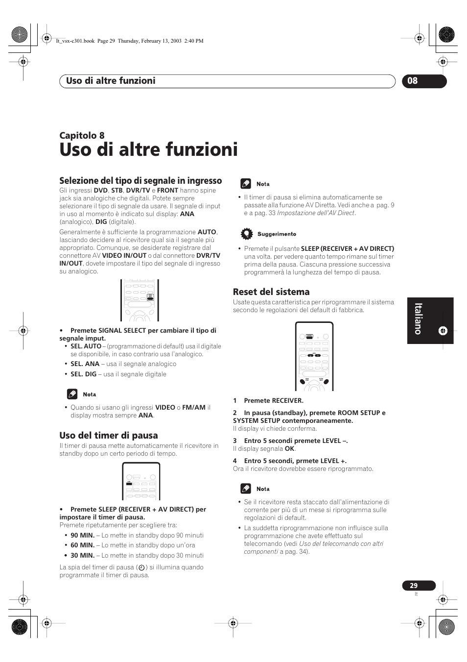 08 uso di altre funzioni, Selezione del tipo di segnale in ingresso, Uso del timer di pausa | Reset del sistema, Uso di altre funzioni, Italiano, Uso di altre funzioni 08, Capitolo 8 | Pioneer VSX-C301-K User Manual | Page 71 / 88
