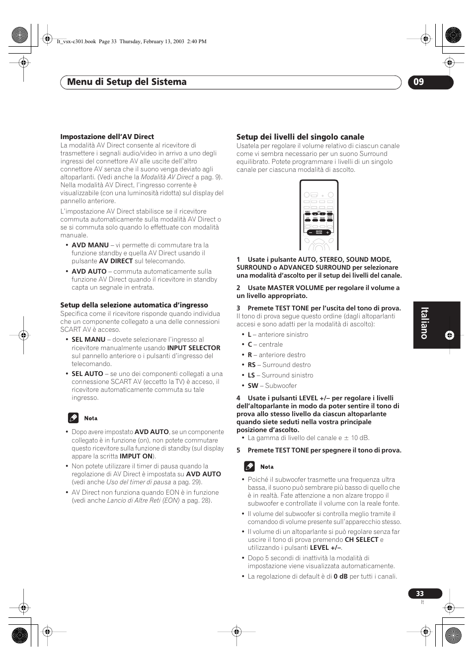 Setup dei livelli del singolo canale, Italiano, Menu di setup del sistema 09 | Impostazione dell’av direct, Setup della selezione automatica d’ingresso | Pioneer VSX-C301-K User Manual | Page 75 / 88