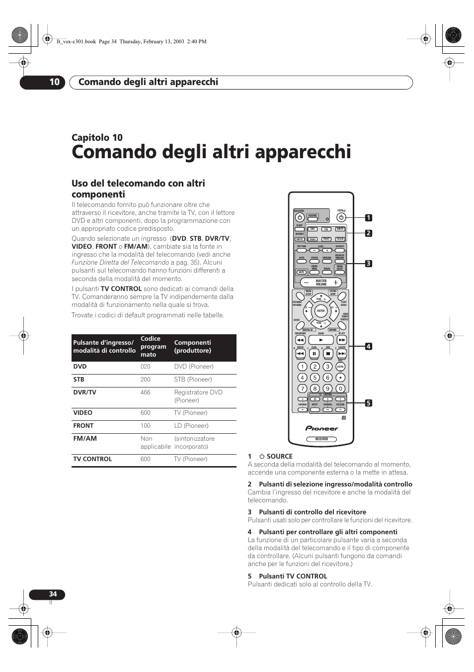 10 comando degli altri apparecchi, Uso del telecomando con altri componenti, Comando degli altri apparecchi | Comando degli altri apparecchi 10, Capitolo 10, Fm/am | Pioneer VSX-C301-K User Manual | Page 76 / 88