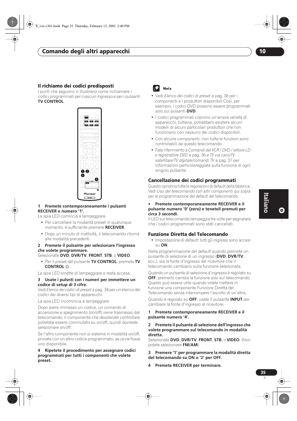 Il richiamo dei codici predisposti, Cancellazione dei codici programmati, Funzione diretta del telecomando | Italiano, Comando degli altri apparecchi 10 | Pioneer VSX-C301-K User Manual | Page 77 / 88