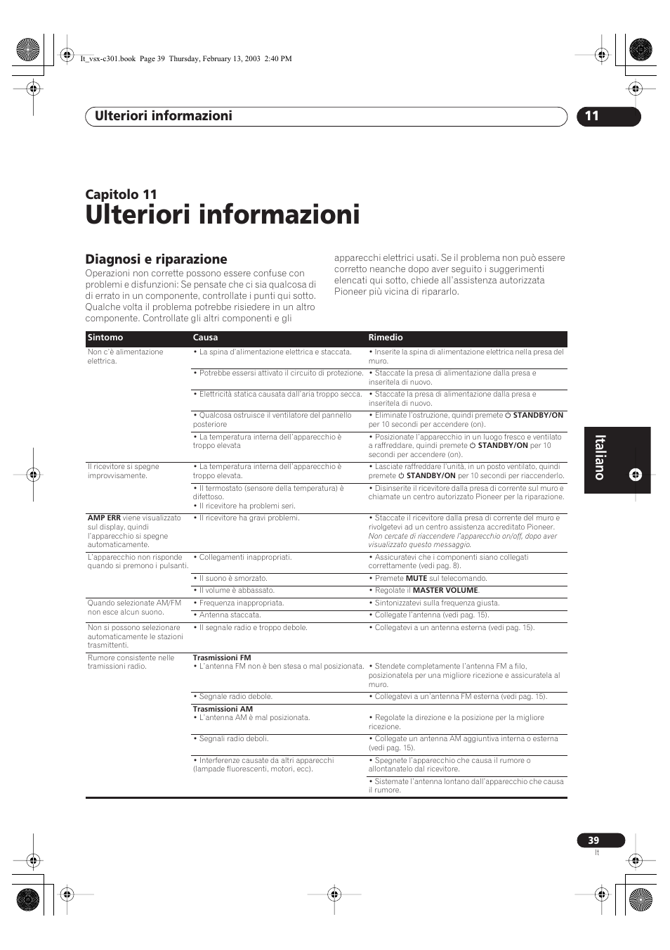 11 ulteriori informazioni, Diagnosi e riparazione, Ulteriori informazioni | Italiano, Ulteriori informazioni 11, Capitolo 11 | Pioneer VSX-C301-K User Manual | Page 81 / 88