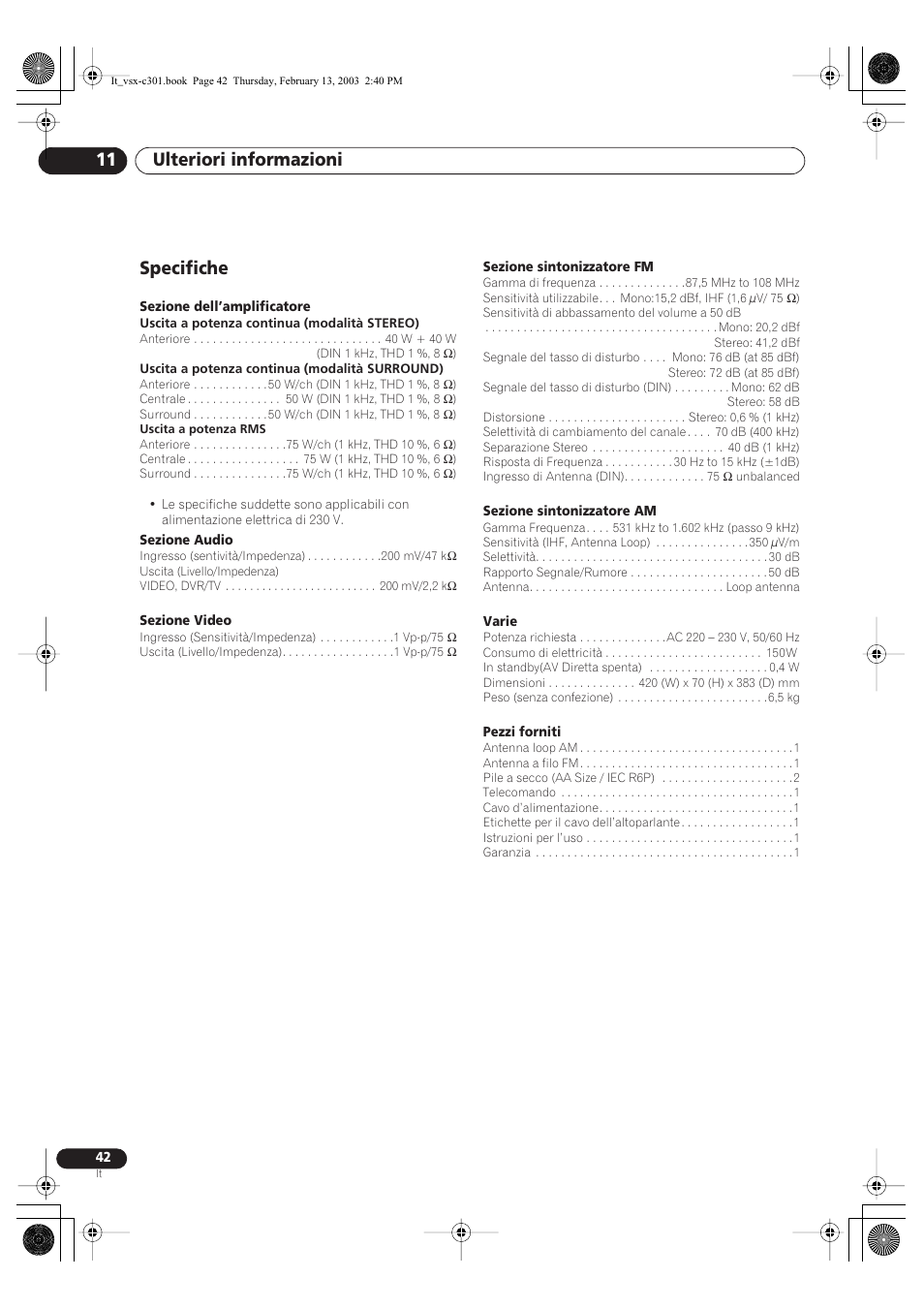 Specifiche, Ulteriori informazioni 11 | Pioneer VSX-C301-K User Manual | Page 84 / 88