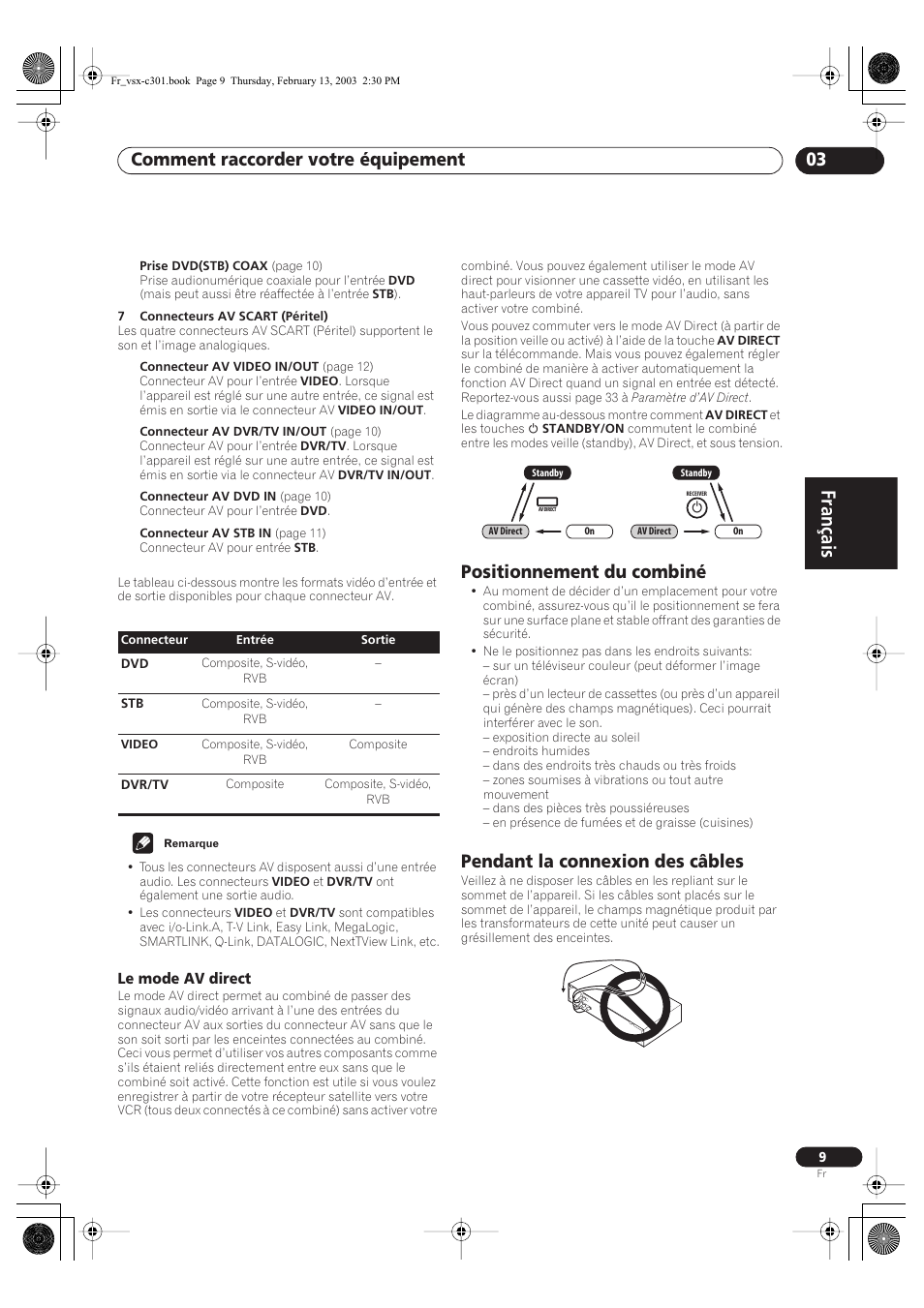 Le mode av direct, Positionnement du combiné, Pendant la connexion des câbles | Français, Comment raccorder votre équipement 03 | Pioneer VSX-C301-K User Manual | Page 9 / 88