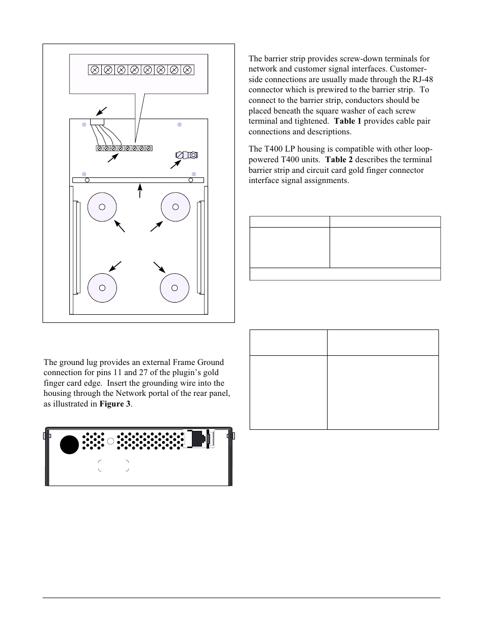 Table 1. cable pairs, Figure 2. t400 lp housing with cover open, Figure 3. t400 lp housing rear panel | ADTRAN Type 400 User Manual | Page 2 / 4