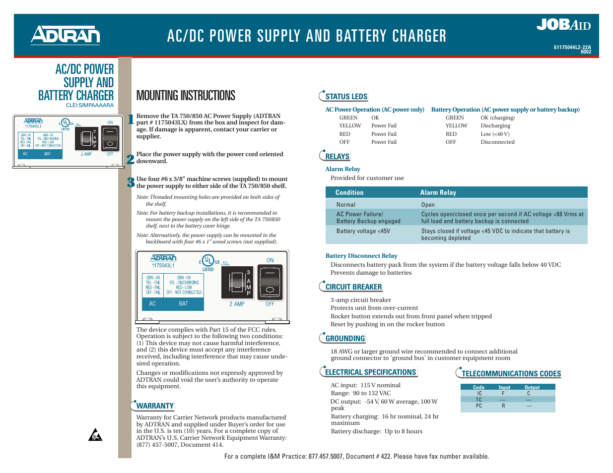 ADTRAN Power Supply/Battery Charger User Manual | 2 pages