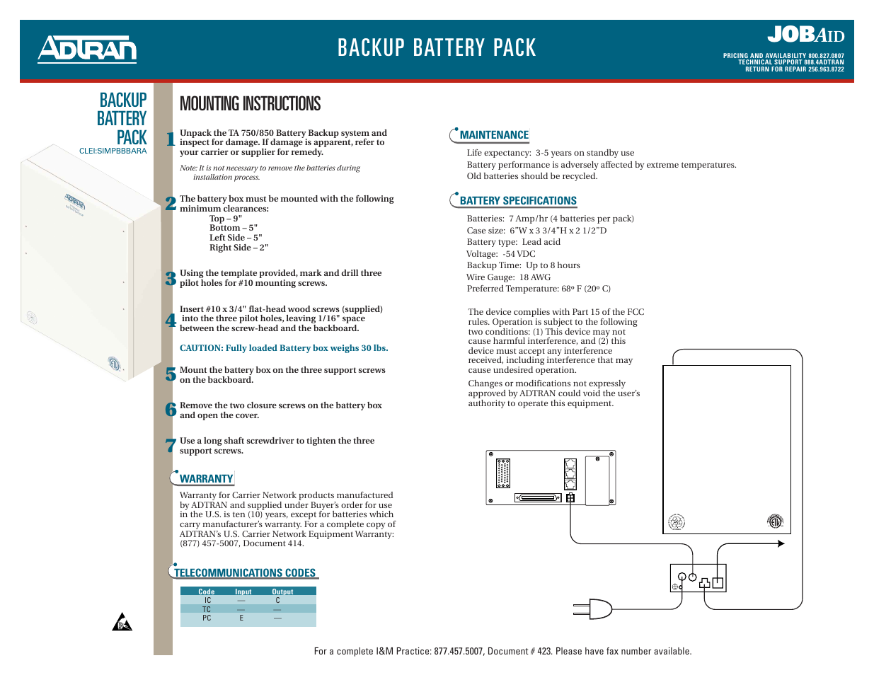 Backup battery pack, Mounting instructions | ADTRAN Power Supply/Battery Charger User Manual | Page 2 / 2