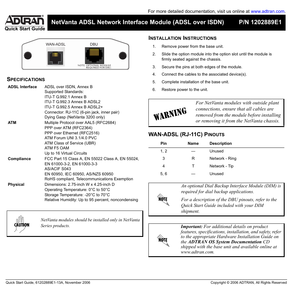 ADTRAN NetVanta ADSL User Manual | 2 pages