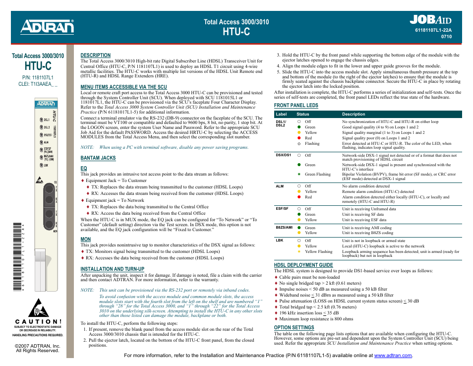 ADTRAN 3010 HTU-C User Manual | 2 pages