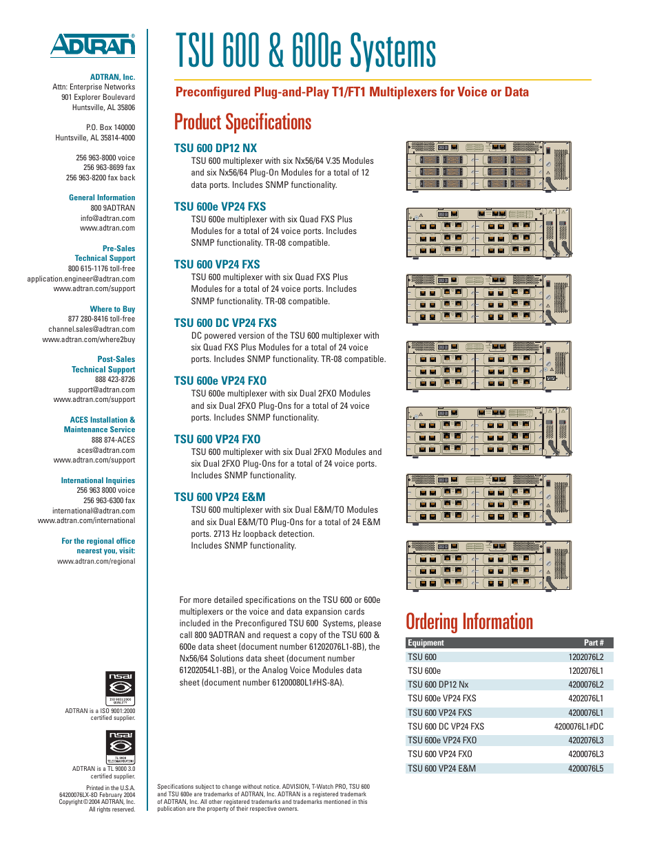 Product specifications, Ordering information | ADTRAN 600e User Manual | Page 2 / 2