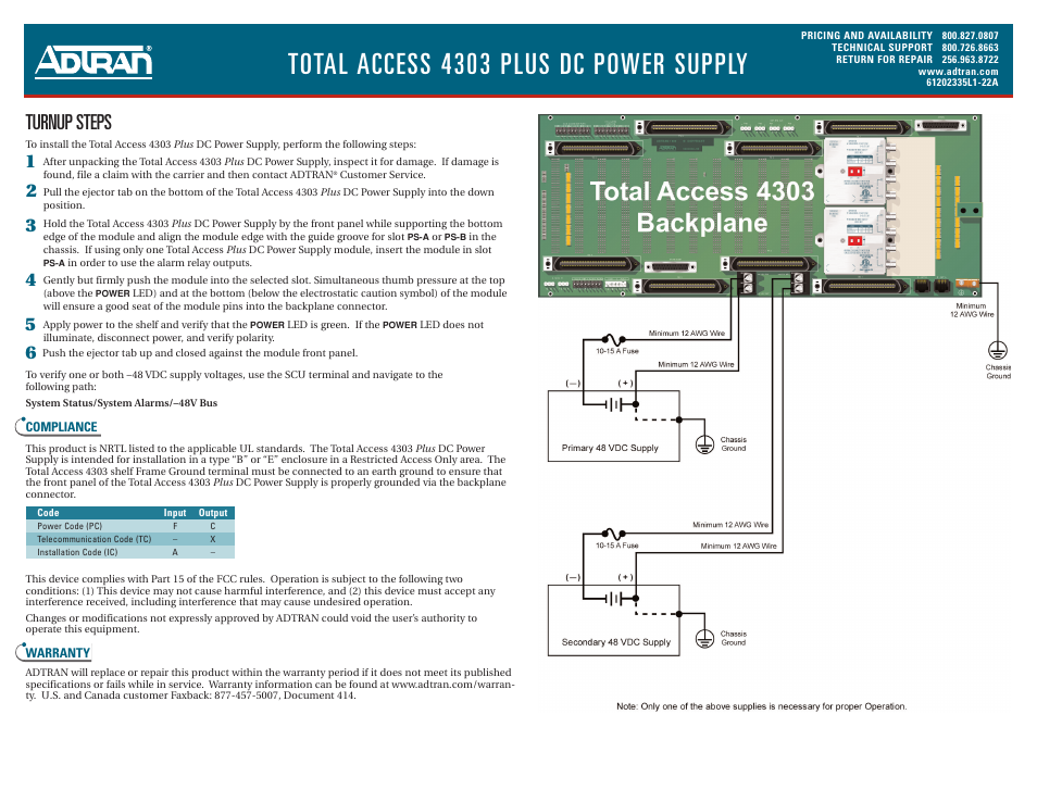 Total access 4303 plus dc power supply, Turnup steps | ADTRAN 4303 PLUS User Manual | Page 2 / 2