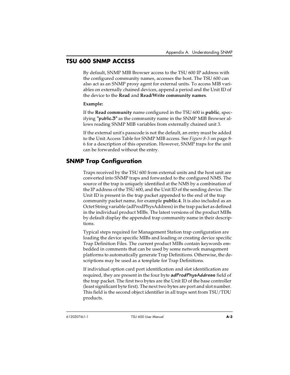 Tsu 600 snmp access, Snmp trap configuration | ADTRAN 1202076L2 User Manual | Page 101 / 123