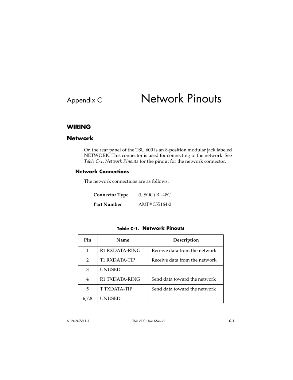 Network pinouts, Appendix c | ADTRAN 1202076L2 User Manual | Page 107 / 123